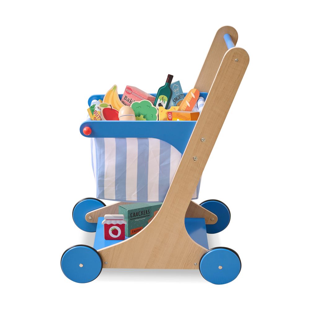 Little Helper Mr. Fresh Wooden Shopping Cart with 13 Grocery Accessories – Blue