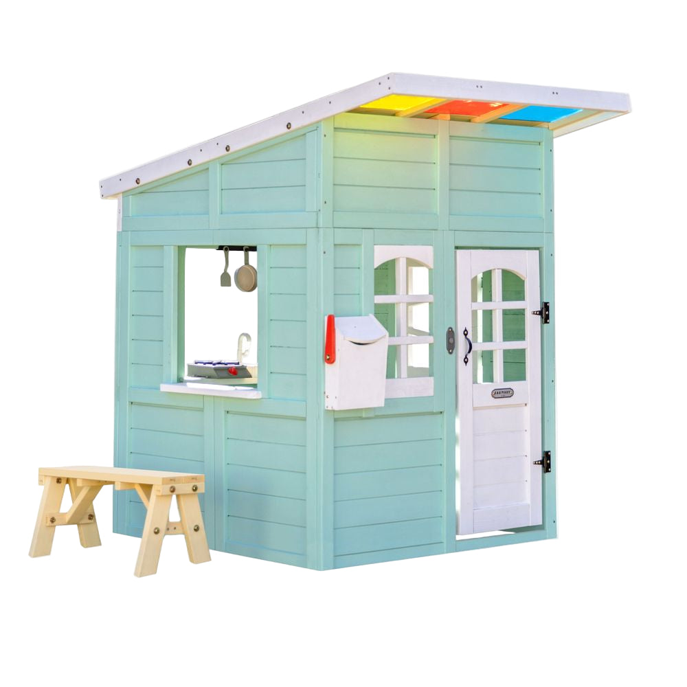 Rainbow Shade Wooden Playhouse with Kitchen, Flower Box & Bench