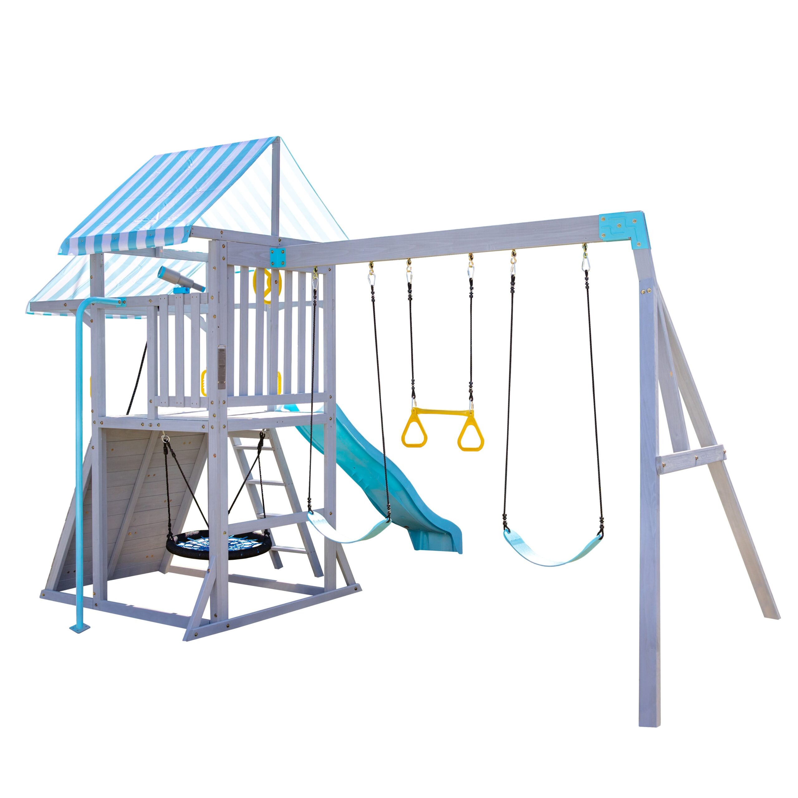 Laguna Wooden Swing Set with Slide & Rock Wall – Gray
