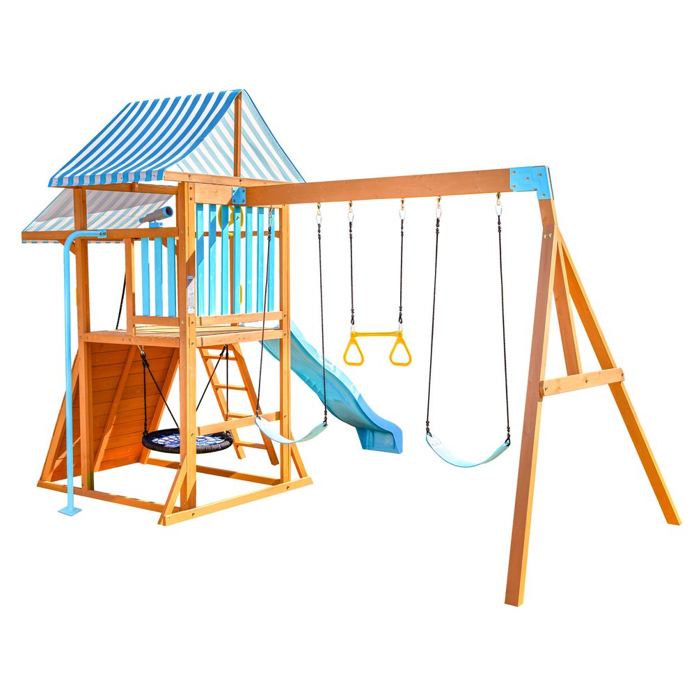 Laguna Wooden Swing Set with Slide & Rock Wall – Aqua & Natural