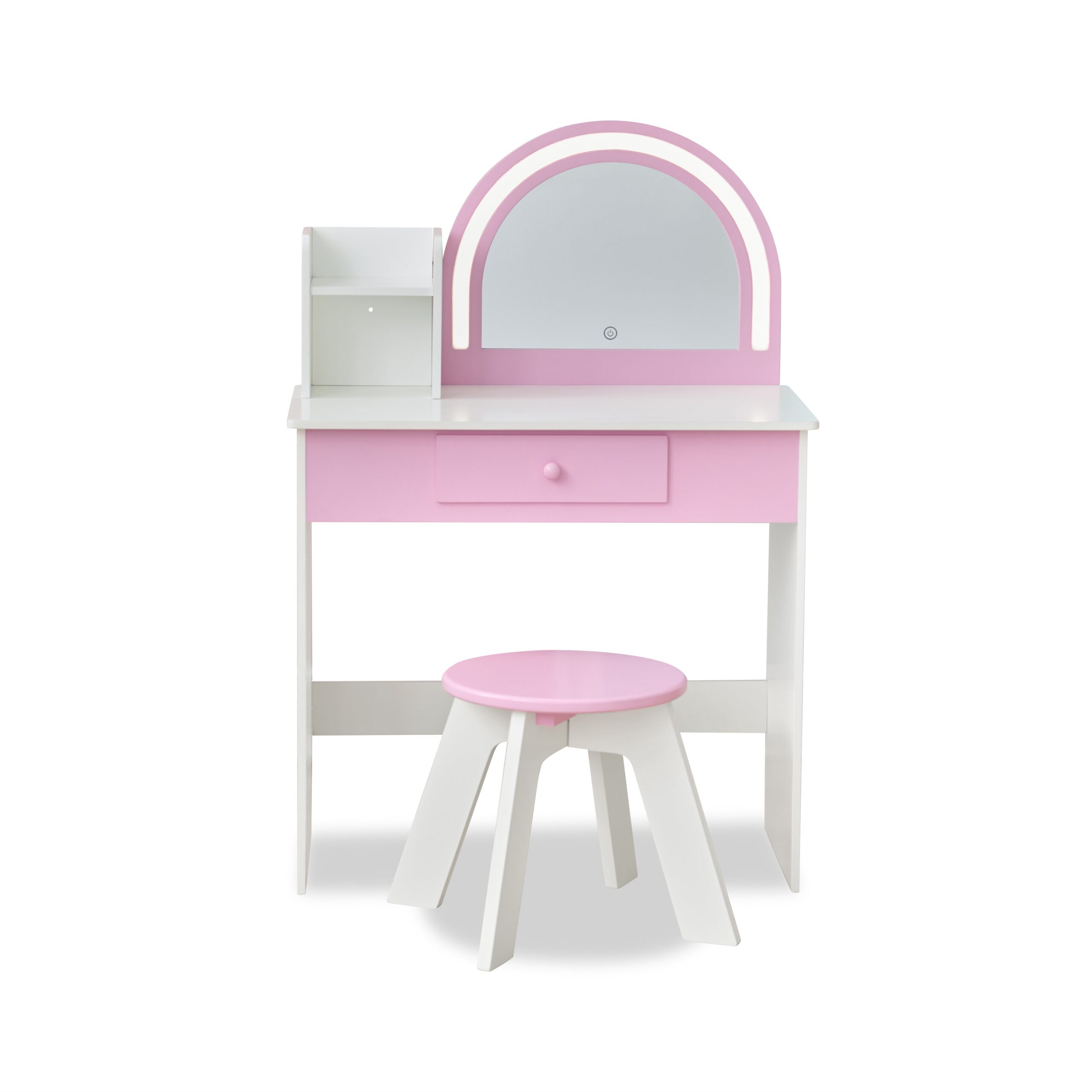 Rosé Shine Wood Vanity & Desk with LED Mirror & Stool – Pink/White