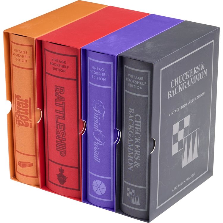 Vintage Bookshelf Assortment – 4 Pack – Jenga, Battleship, Checkers & Backgammon, Trivial Pursuit
