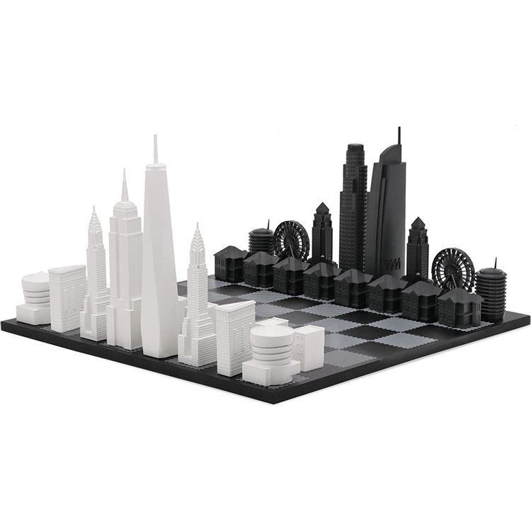 New York Versus Los Angeles Acrylic Chess Set with Black and White Wood Hatch Board
